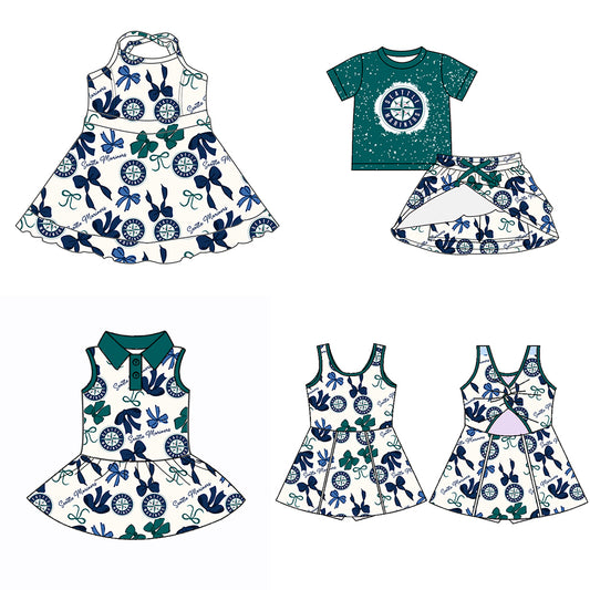 (Custom Design Preorder MOQ 5 Each Color) Team's SEATTLE MARINERS Bows Print Girls Summer Clothes Sisters Matching Wear