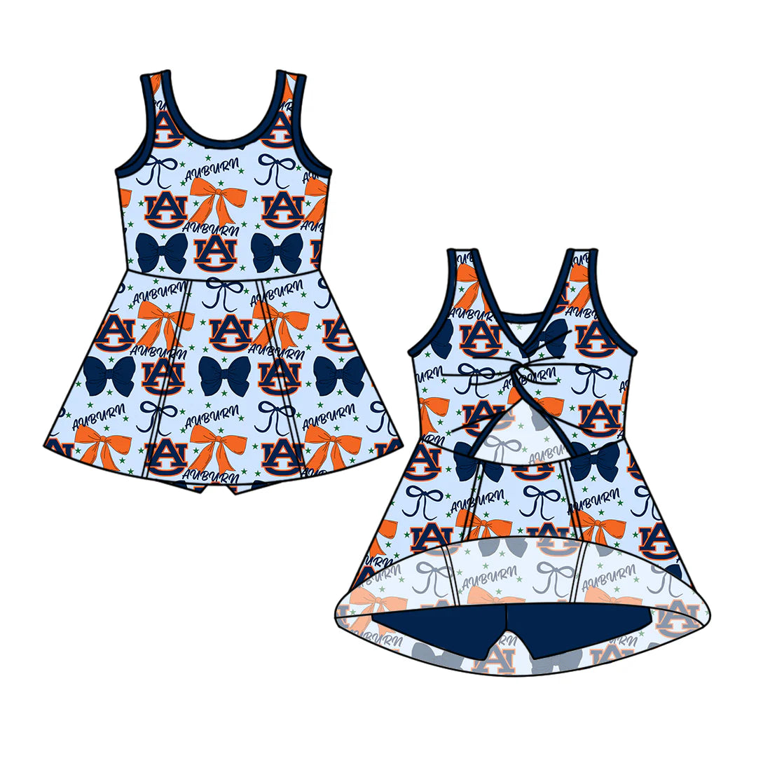 (Custom Design Preorder MOQ 5) Team's Auburn Bows Print Backless Top Shorts Skirts Girls Summer Yoga Dress