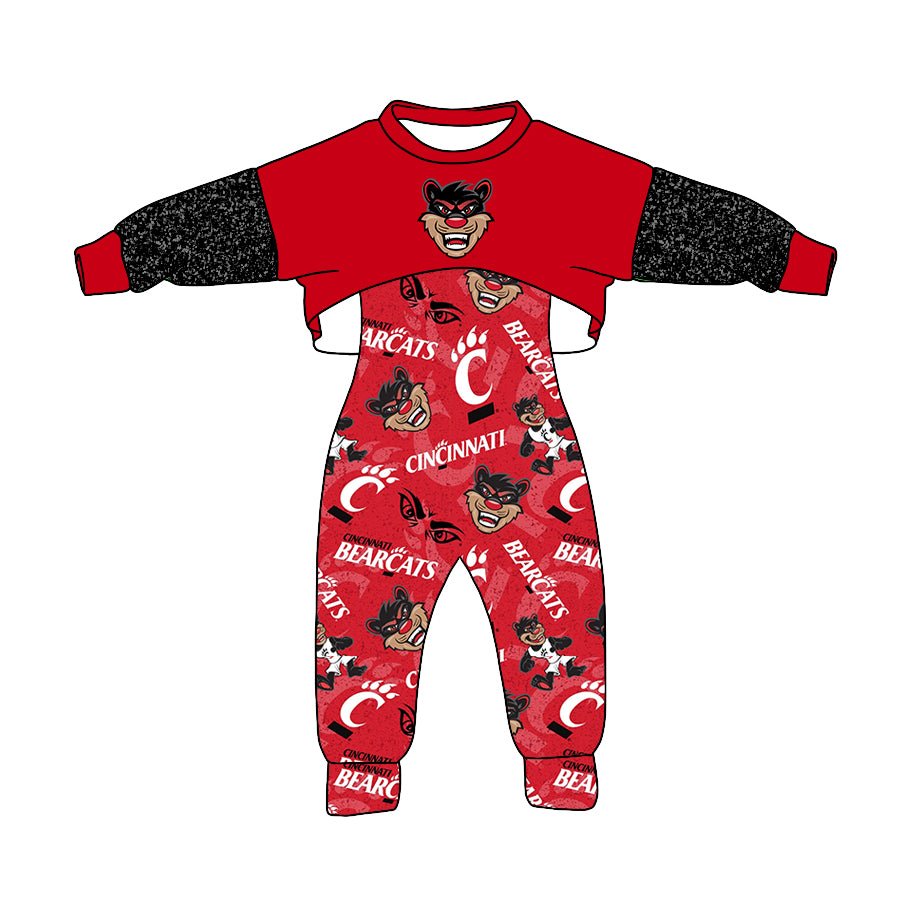 (Custom Design MOQ 5) Red C Football Team's Girls Jumpsuit Clothes Set