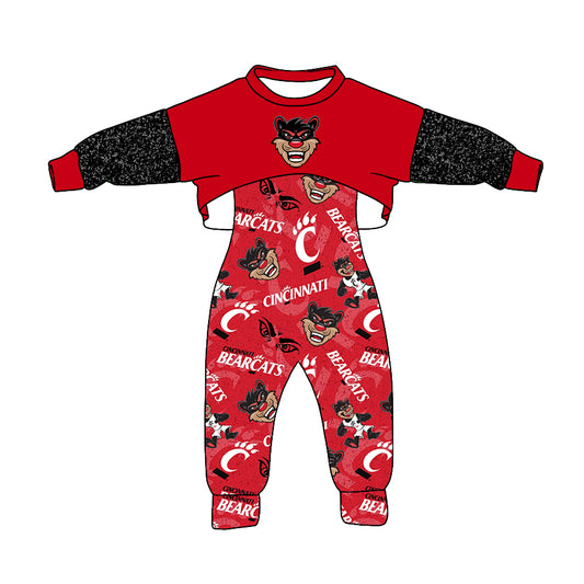 (Custom Design MOQ 5) Red C Football Team's Girls Jumpsuit Clothes Set