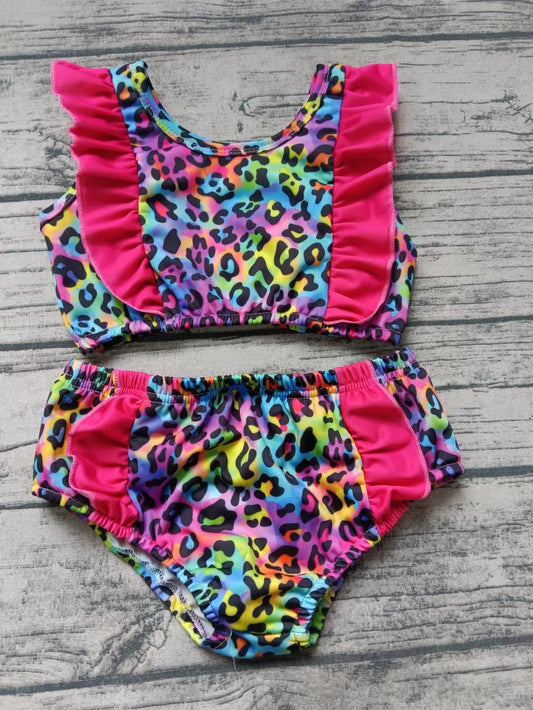 (Custom Design Preorder MOQ 5)  Colorful Leopard Print Girls 2 Pieces Swimsuits