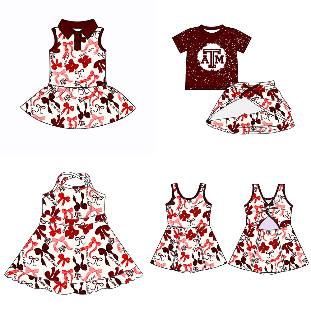 (Custom Design Preorder MOQ 5 Each Color) Team's TEXAS A&M Bows Print Girls Summer Clothes Sisters Matching Wear