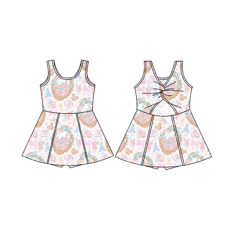 (Custom Design Preorder MOQ 5 Each Item) 1-4 Styles Cartoon Princess Print Backless Shorts Skirts Girls Summer Yoga Dress