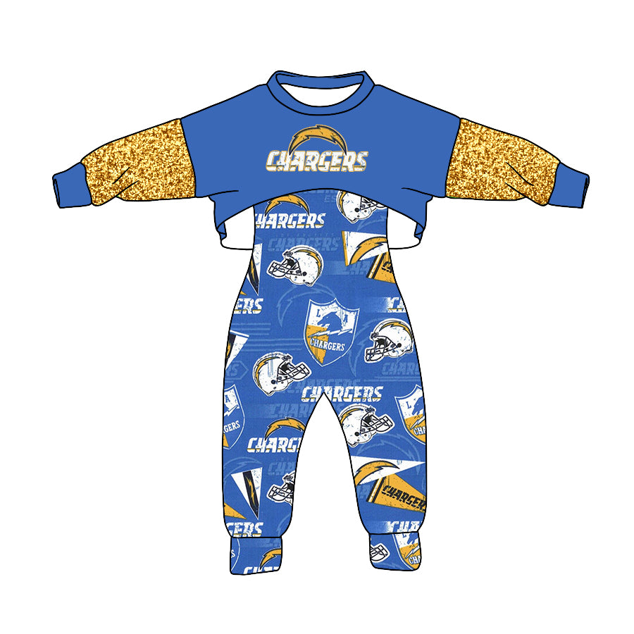 (Custom Design MOQ 5) Blue C Football Team's Girls Jumpsuit Clothes Set