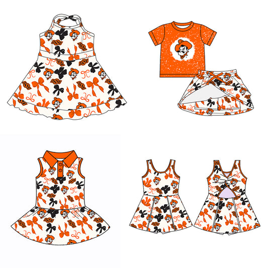 (Custom Design Preorder MOQ 5 Each Color) Team's Okahoma State Cowboys Bows Print Girls Summer Clothes Sisters Matching Wear