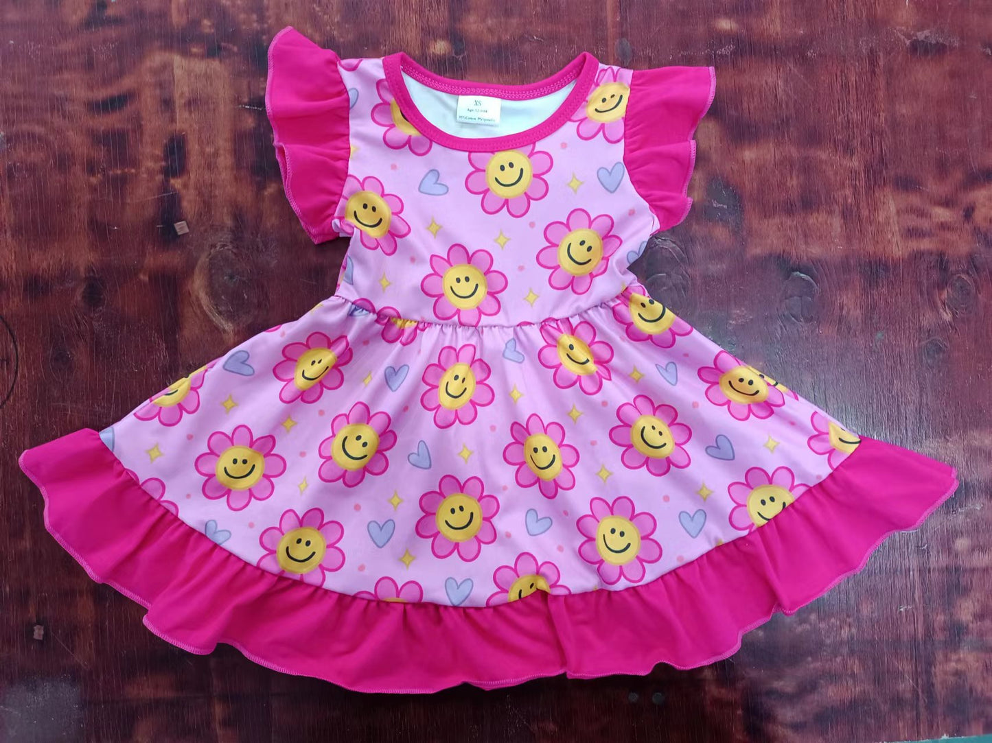 (Custom Design Preorder MOQ 5) Smiling Face Flowers Print Girls Knee Length Summer Dress