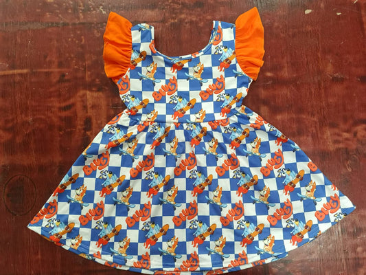 (Custom Design Preorder MOQ 5) Blue Plaid Cartoon Dog Print Girls Knee Length Dress