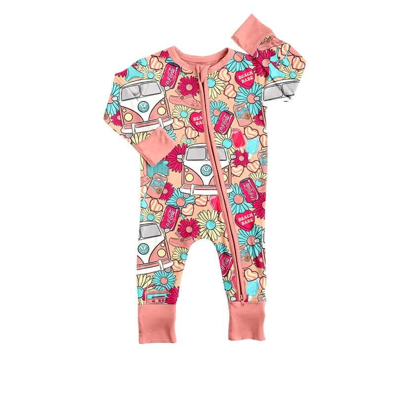 (Custom Design Preorder MOQ 5)  Flowers Bus Print Baby Girls Zipper Romper