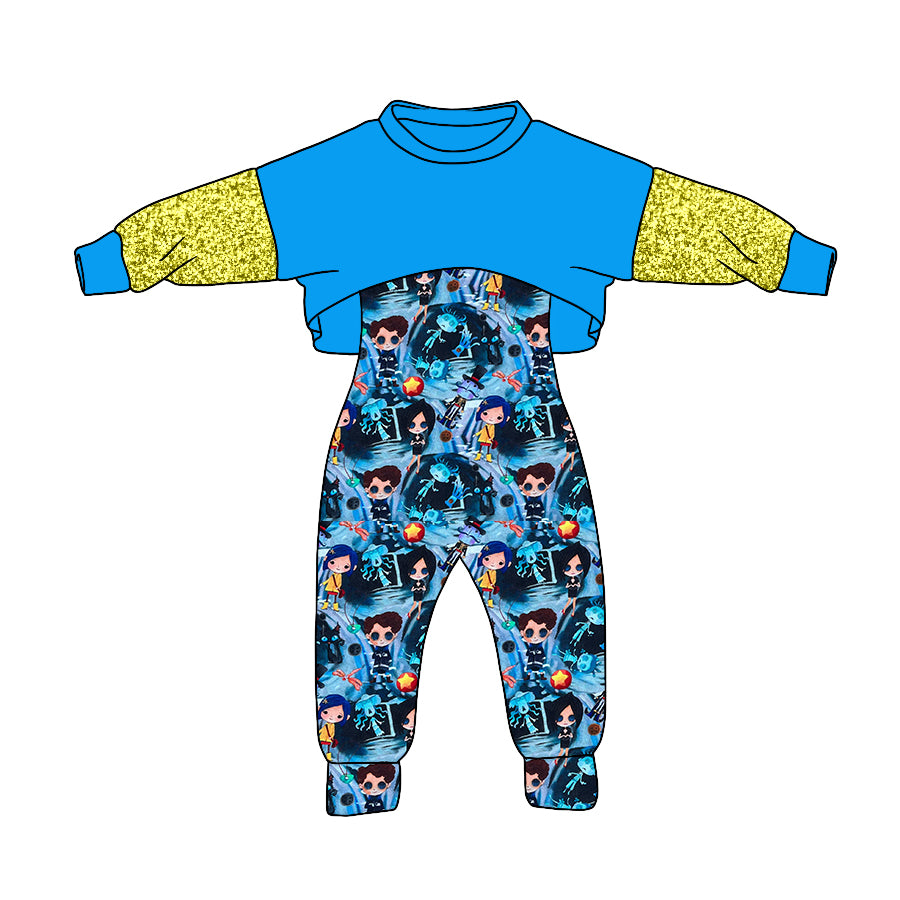 (Custom Design MOQ 5) Blue Top Cartoon Coraline Jumpsuit Girls Halloween Clothes Set