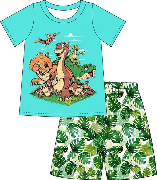 (Custom Design Preorder MOQ 5) Cartoon Dino Print Girls Summer Clothes Set