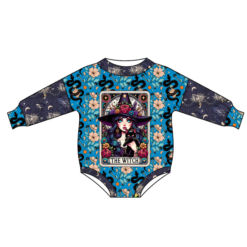 (Custom Design Preorder MOQ 5) Witch Flowers Print Baby Girls Halloween Romper