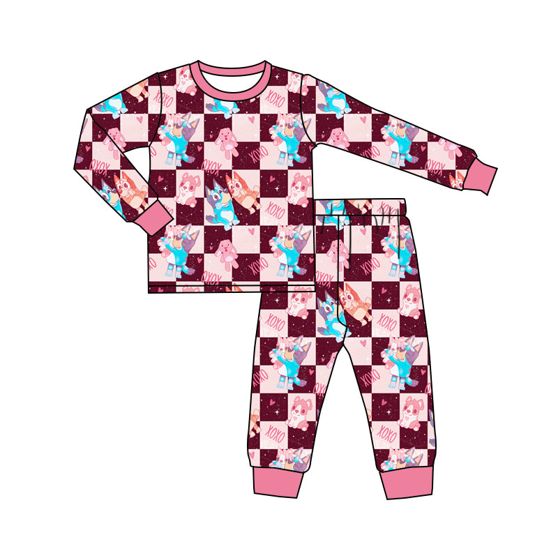 (Custom Design Preorder MOQ 5) Cartoon Dog Print Girls Valentine's Day Bamboo Pajamas Clothes Set