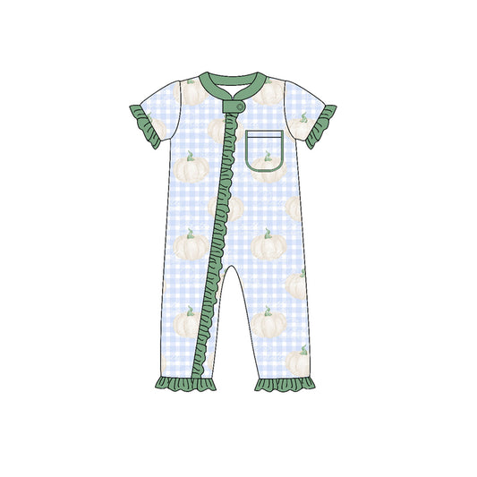(Custom Design Preorder MOQ 5) Pumpkin Print Baby Girls Fall Zipper Romper