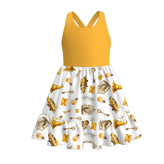 (Custom Design Preorder MOQ 5) Cartoon Magic Key Print Girls Summer Knee Length Dress