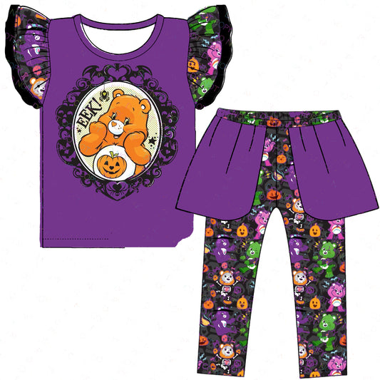 (Custom Design Preorder MOQ 5) Cartoon Bear Pumpkin Print Girls Halloween Clothes Set