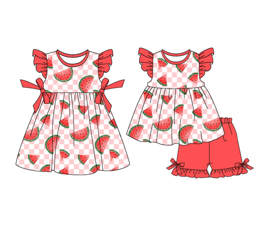 1.4(Custom Design Preorder MOQ 5 Each Design) Watermelon Plaid Print Girls Summer Matching Clothes Sisters Wear