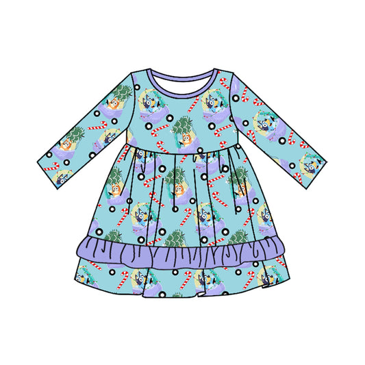 (Custom Design Preorder MOQ 5) Cartoon Dog Blue Print Girls Knee Length Christmas Dress