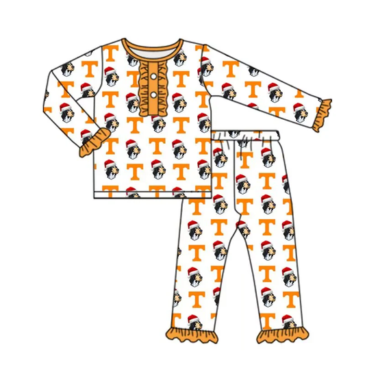 (Custom Design Preorder MOQ 5) Team's Tennessee Dog Print Girls Christmas Pajamas Clothes Set