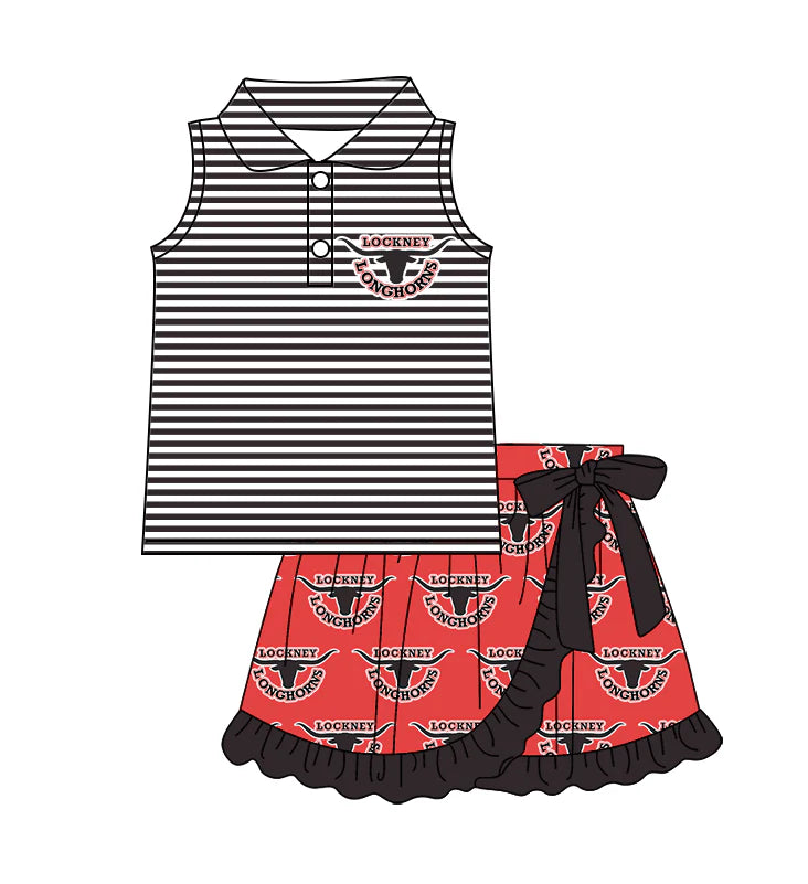 (Custom Design Preorder MOQ 5)  Team's LOCKNEY LONGHORNS Stripes Top Skirts Girls Summer Clothes Set