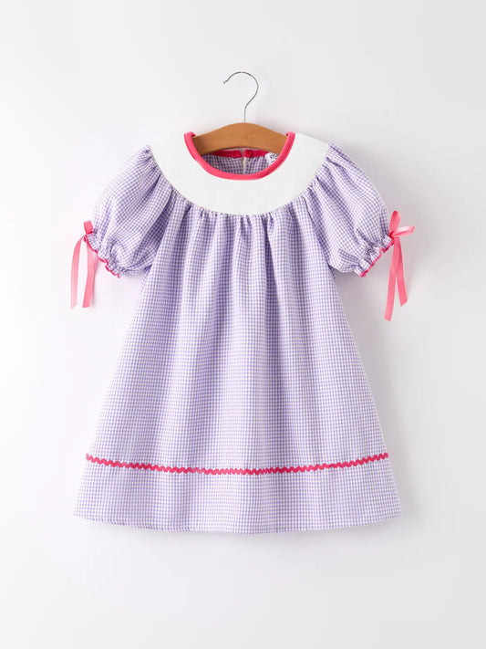 (Custom Design Preorder MOQ 5 ) Purple Plaid Print Girls Fall Knee Length Dress