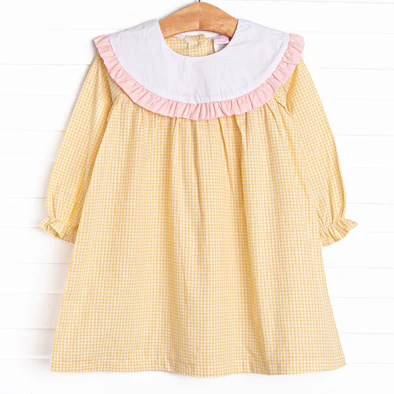 (Custom Design Preorder MOQ 5) Yellow Plaid Print Girls Knee Length Fall Dress