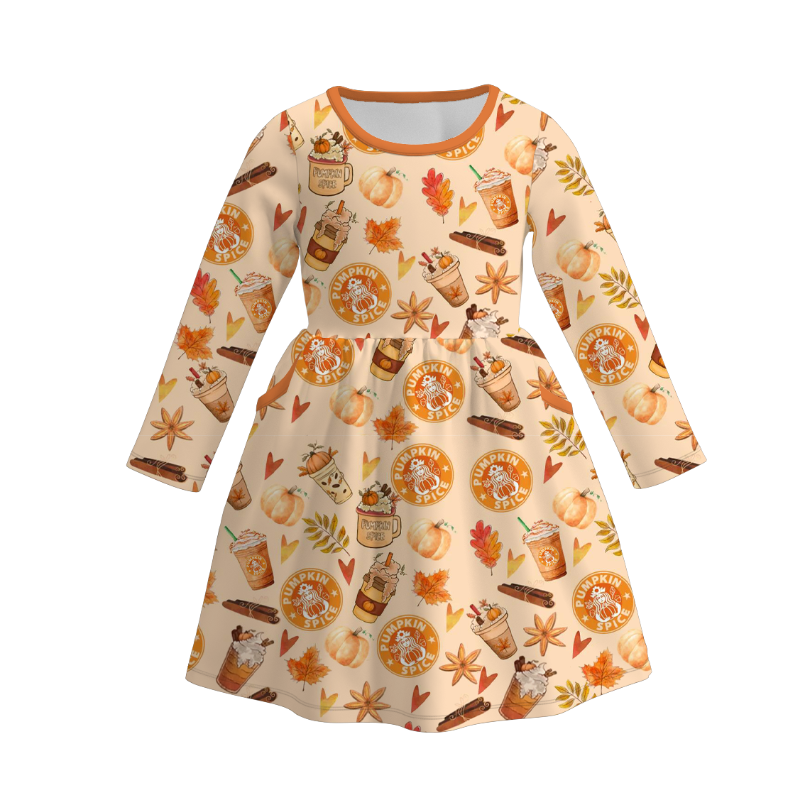 (Custom Design Preorder MOQ 5) Coffee Pumpkin Spice Print Girls Knee Length Fall Dress