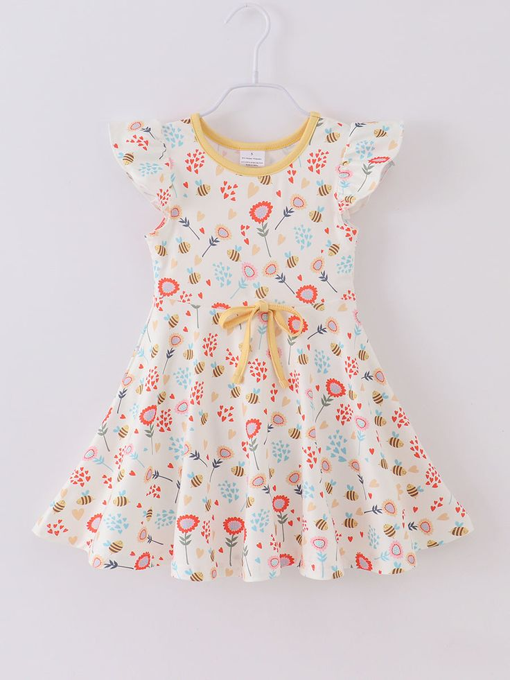 (Custom Design Preorder MOQ 5)  Flowers Bee Print Girls Knee Length Summer Dress