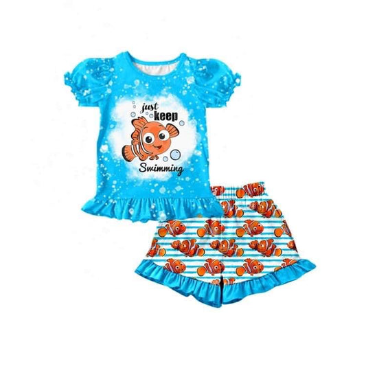 (Custom Design Preorder MOQ 5)  Cartoon Fishing Print Girls Summer Clothes Set