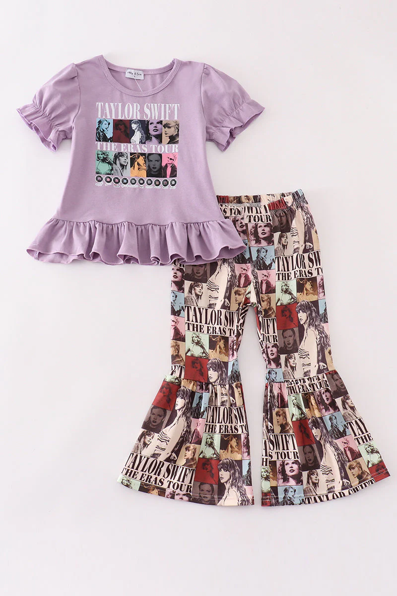 (Custom Design Preorder MOQ 5) Singer Swiftie Purple Top Bell Pants Girls Clothes Set