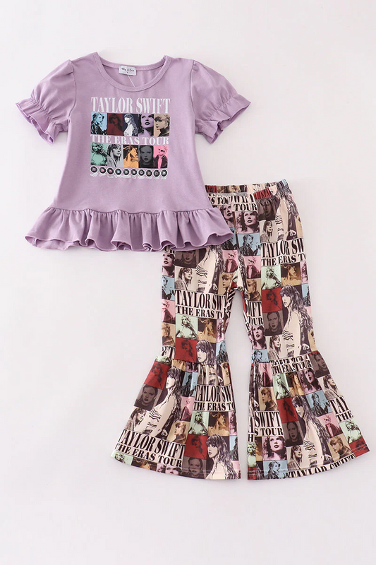(Custom Design Preorder MOQ 5) Singer Swiftie Purple Top Bell Pants Girls Clothes Set