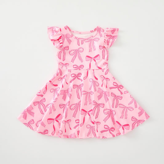 (Custom Design Preorder MOQ 5 ) Pink Bows Print Girls Summer Knee Length Dress