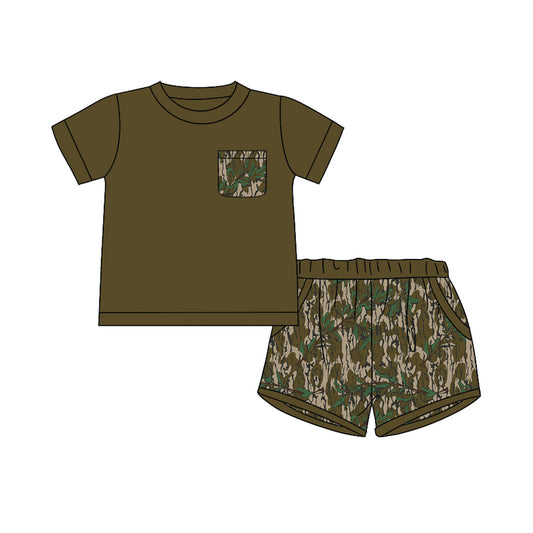 (Custom Design Preorder MOQ 5) Camo Branch Print Boys Summer Clothes Set