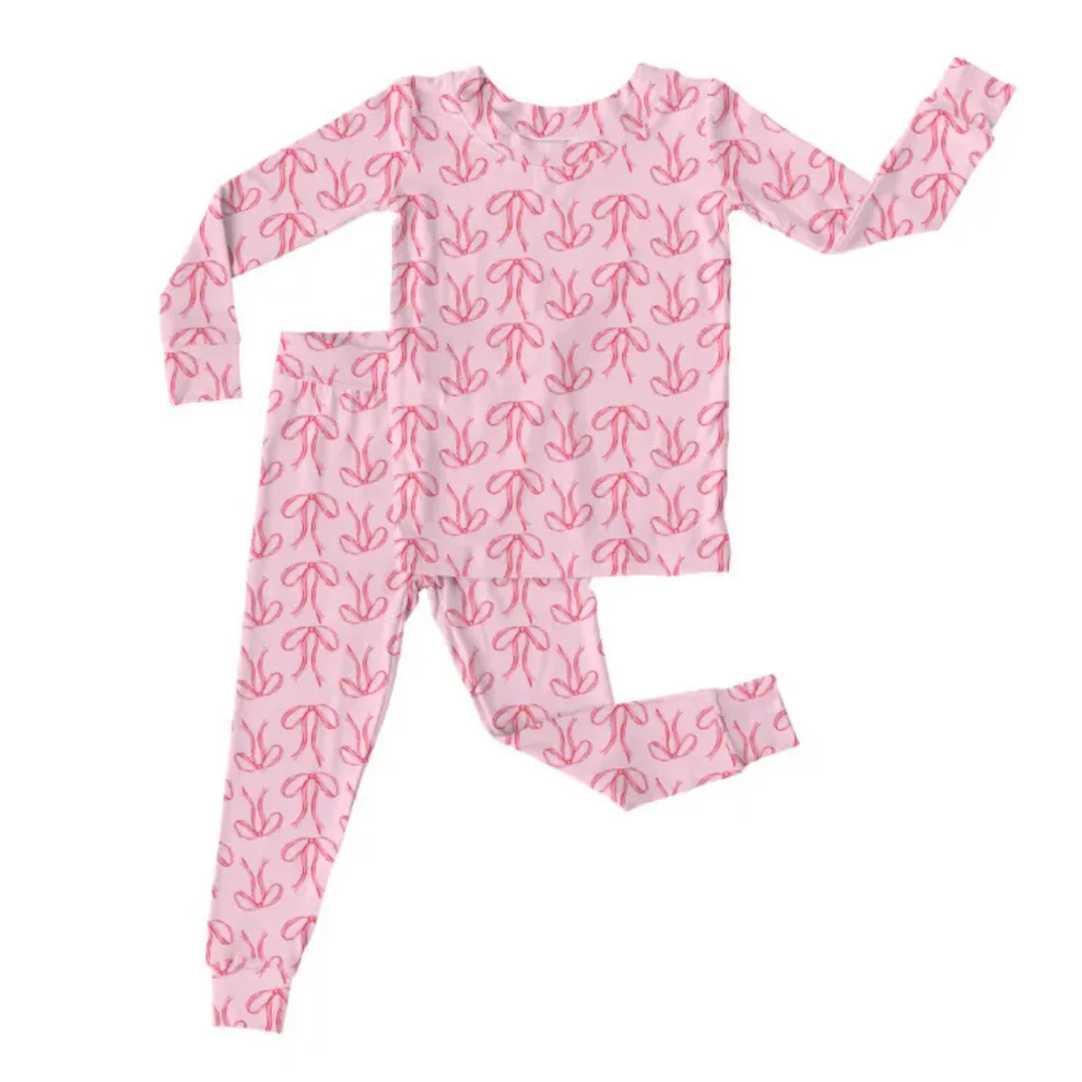 (Custom Design Preorder MOQ 5) Pink Bows Print Girls Bamboo Pajamas Clothes Set