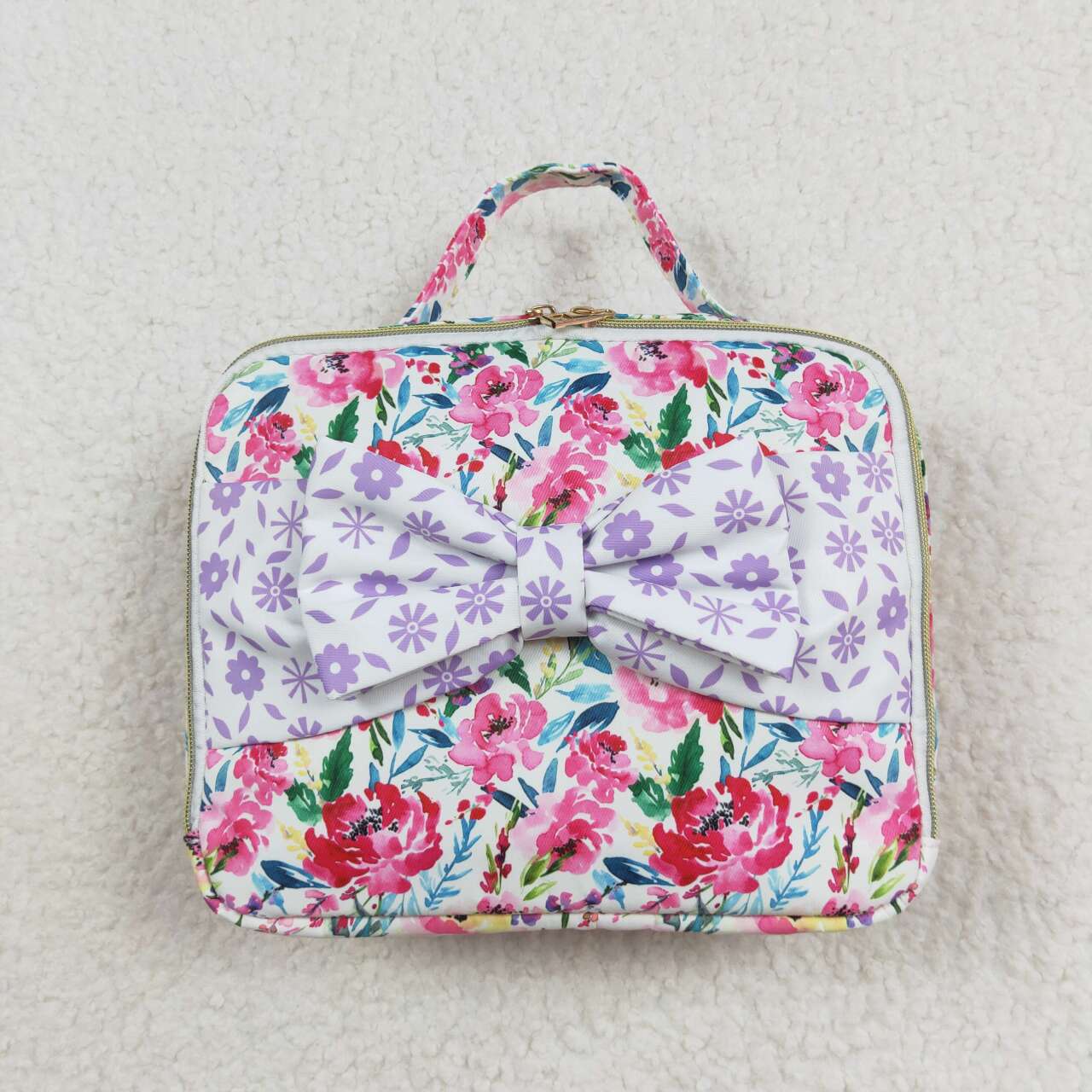 Purple Flowers Print Backpack Lunch Boxes Girls Back to School Bags