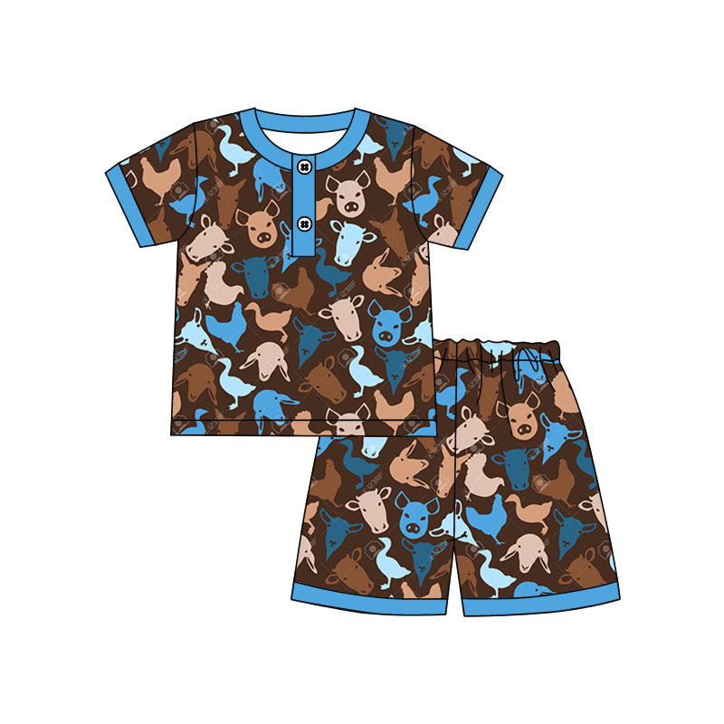 (Custom Design Preorder MOQ 5) Farm Animals Print Boys Summer Pajamas Clothes Set