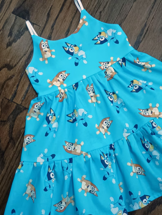 (Custom Design Preorder MOQ 5) Blue Cartoon Dog Print Girls Knee Length Summer Dress