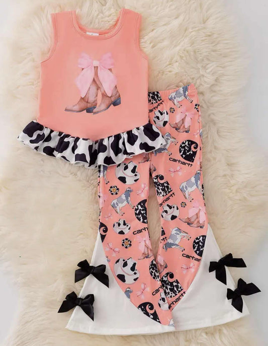 (Custom Design Preorder MOQ 5) Boots Sleeveless Top Cows Bell Pants Girls Western Clothes Set