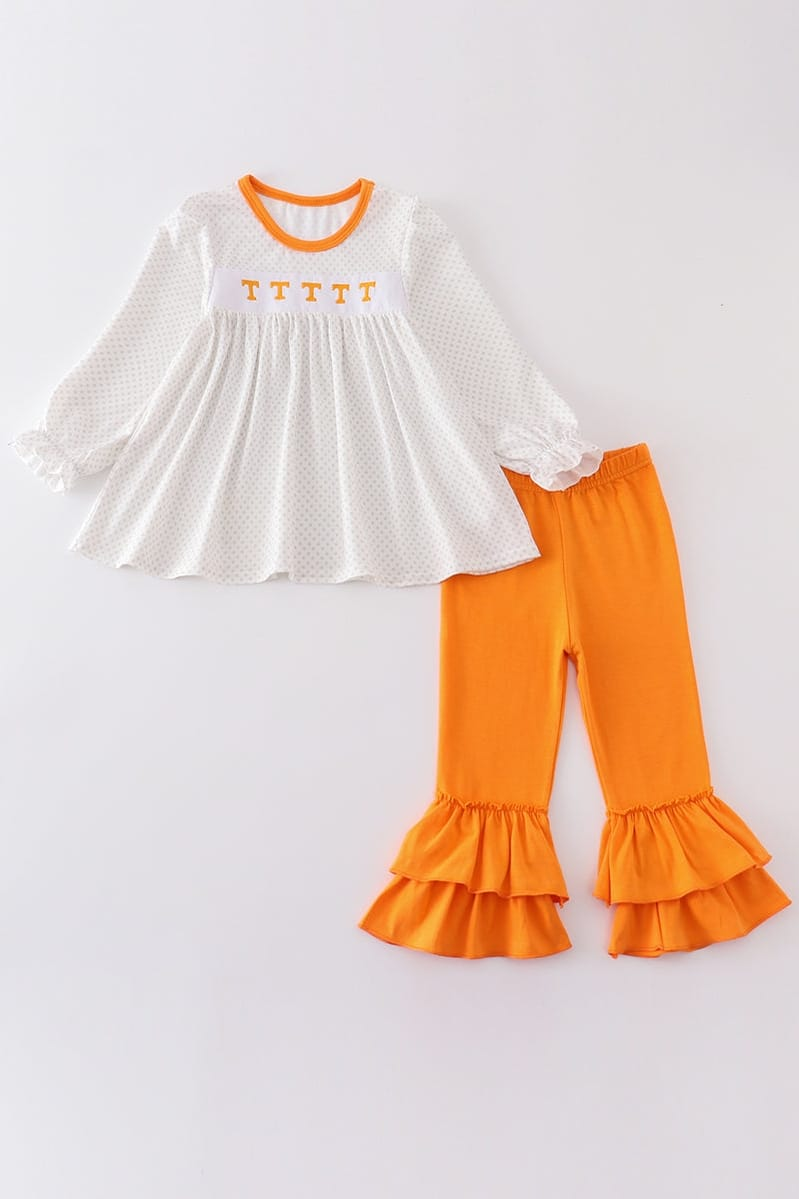 (Custom Design MOQ 5) Orange T Football Team's Print Tunic Top Girls Clothes Set