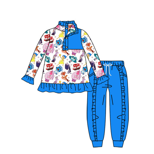 11.16(Custom Design Preorder MOQ 5) Cartoon Figure Inside Out Pullover Top Blue Pants Girls Fall Clothes Set