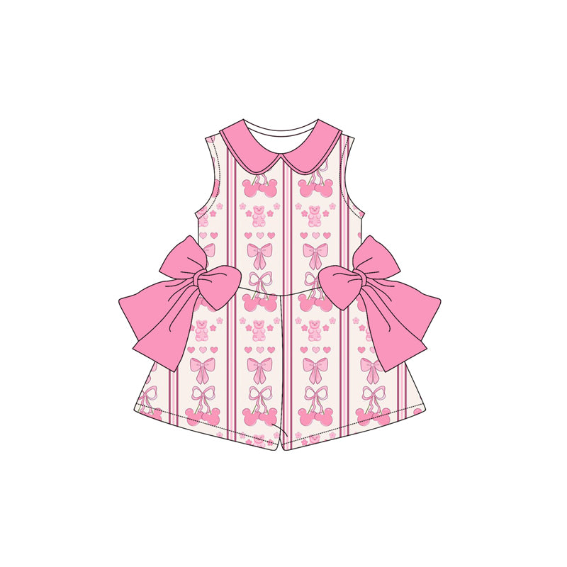 (Custom Design Preorder MOQ 5) Cartoon Mouse Bows Pink Print Girls Summer Jumpsuits