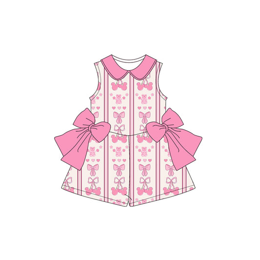(Custom Design Preorder MOQ 5) Cartoon Mouse Bows Pink Print Girls Summer Jumpsuits