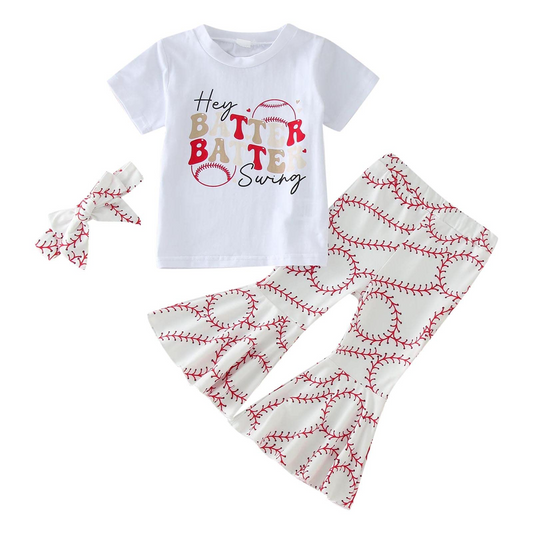 (Custom Design Preorder MOQ 5) Hey Batter Baseball Top Bell Pants Girls Clothes Set