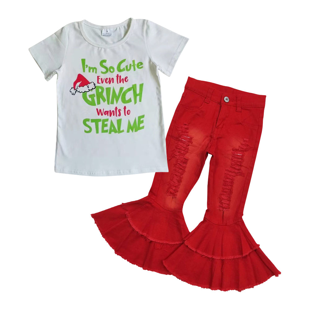 GSPO1107 I'm So Cute Christmas Green Frog Top Red Denim Hole Bell Jeans Girls Clothes Set