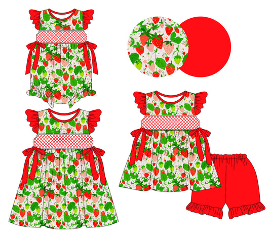 3.7(Custom Design Preorder MOQ 5 Each Design) Strawberry Print Girls Summer Matching Clothes Sisters Wear