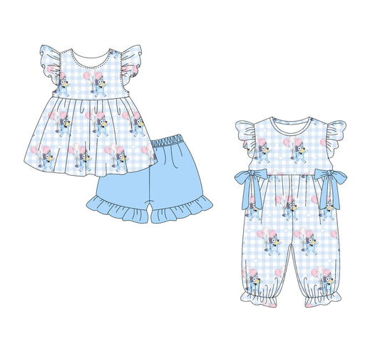 3.10(Custom Design Preorder MOQ 5 Each Design) Cartoon Dog Blue Plaid Print Girls Summer Matching Clothes Sisters Wear