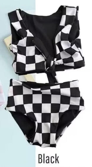 (Custom Design Preorder MOQ 5) Black Plaid Print Girls 2 Pieces Swimsuits