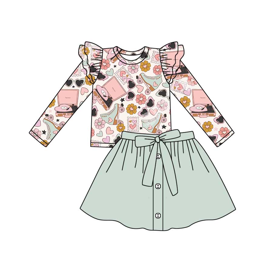 (Custom Design Preorder MOQ 5) Roller Skates Flowers Heart Top Green Skirts Girls Valentine's Day Clothes Set