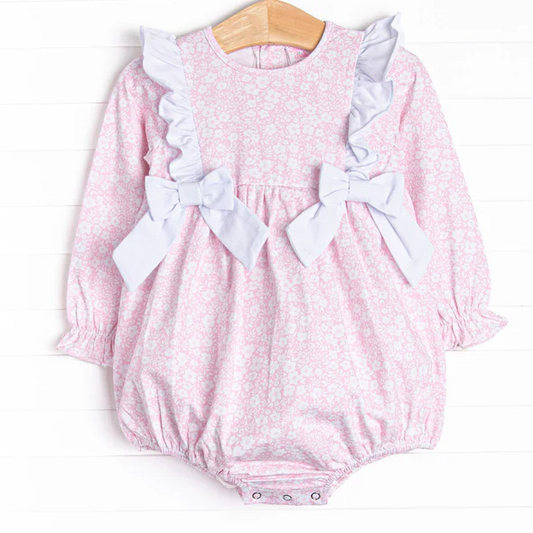 (Custom Design Preorder MOQ 5) Pink Flowers Print Baby Girls Romper