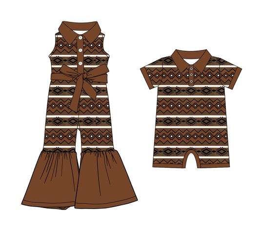 12.8 (Custom Design Preorder MOQ 5 Each Design) Aztec Brown Print Kids Summer Western Matching Clothes Sibling Wear