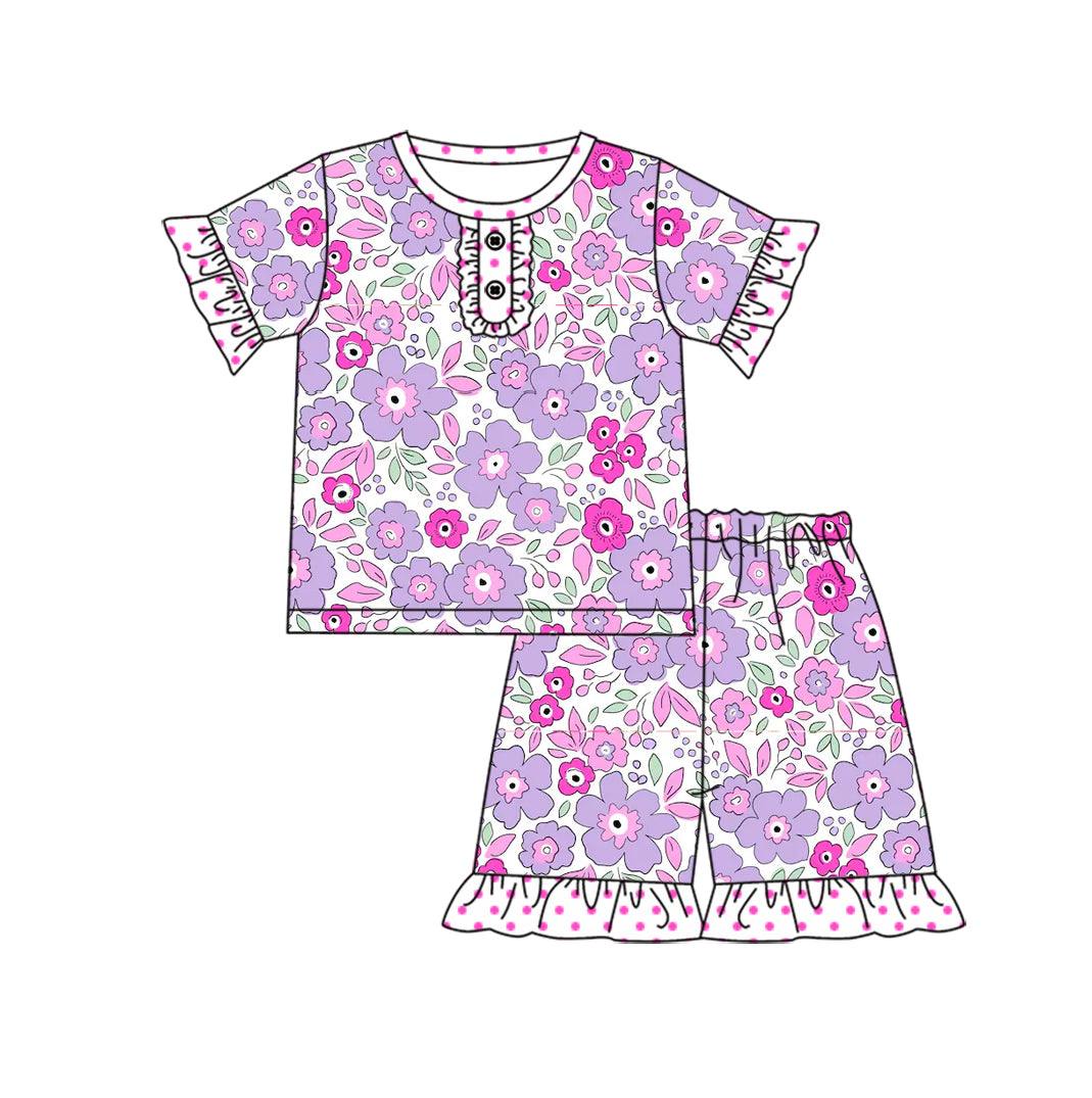 (Custom Design Preorder MOQ 5) Purple Flowers Print Girls Summer Pajamas Clothes Set